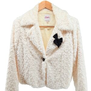 Lovely CANDIES Ivory FAUX‎ FUR W/BLACK BEADED BOW LINED CROPPED JACKET- Sz XL